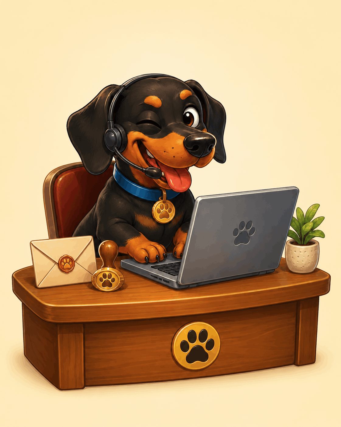 Friendly dachshund wearing a headset at a customer-support desk