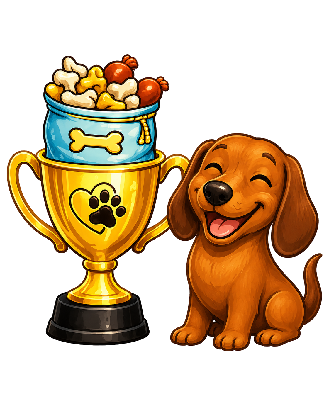 Happy dachshund beside a golden trophy filled with treats