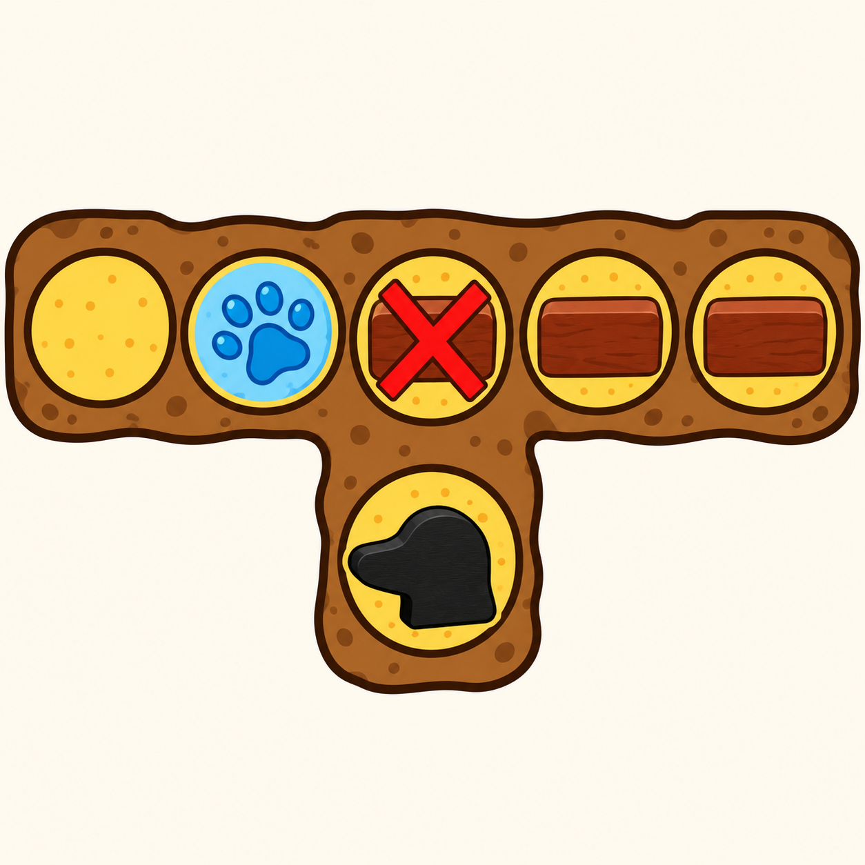 T-shaped tunnel with a head meeple, body meeples and a blocked route